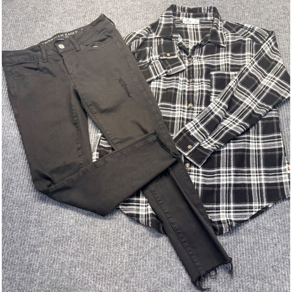 Hollister Plaid Flannel Shirt S & American Eagle Distressed Jeggings size 4